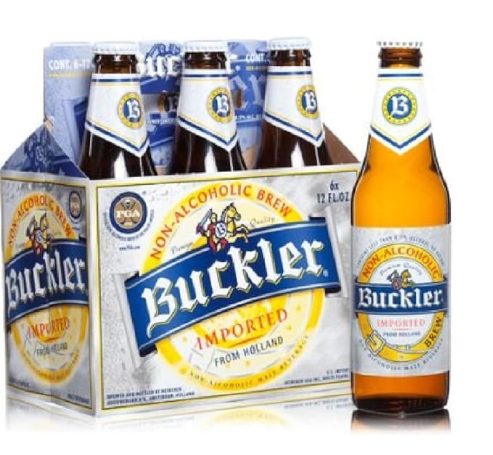 Buckler non-alcoholic lager bottle from the Netherlands, brewed by Heineken with a smooth, malty flavor and light finish.